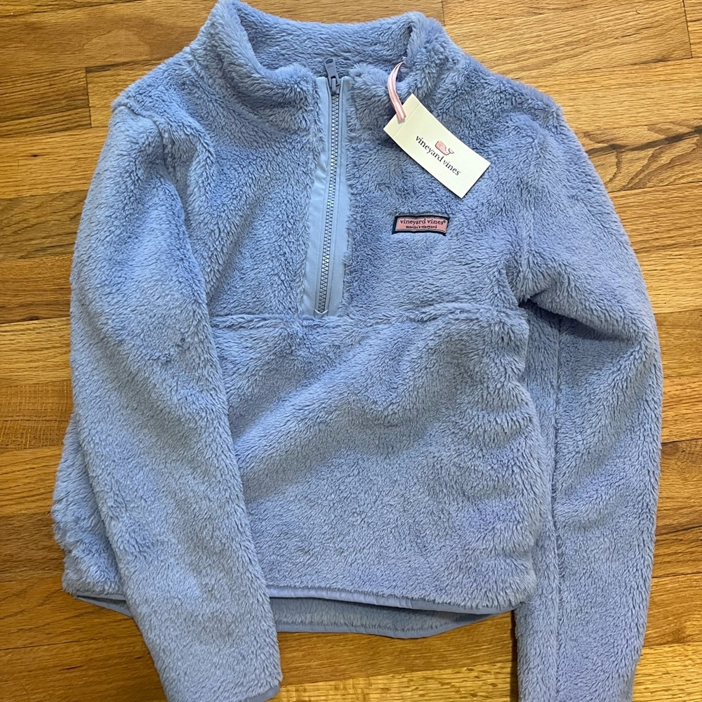 Vineyard Vines Girls Plush Teddy Half Zip in Mystic Blue (periwinkle color).